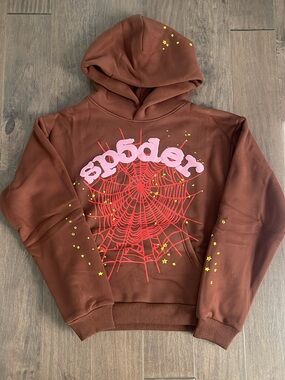 Brown Graphic Crewneck Hoodie with Spider Web Print